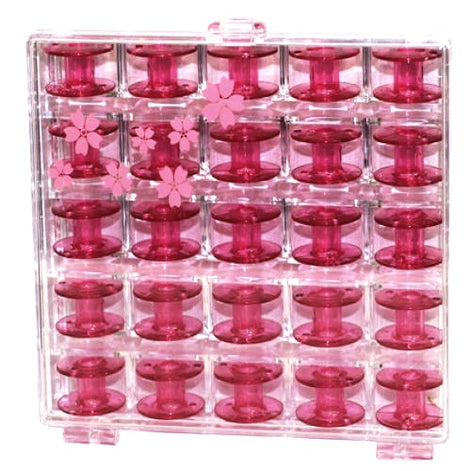 25 Janome Cherry Blossom Pink Bobbins With Storage Case - Cutex