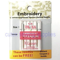 Klasse Titanium Embroidery Needles For Home Sewing Machines Size 75-11- 3 Pack